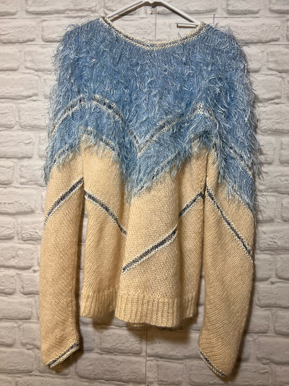 Handmade 80's Chevron Knit Blue & White Sweater w/ Metallic Fringe