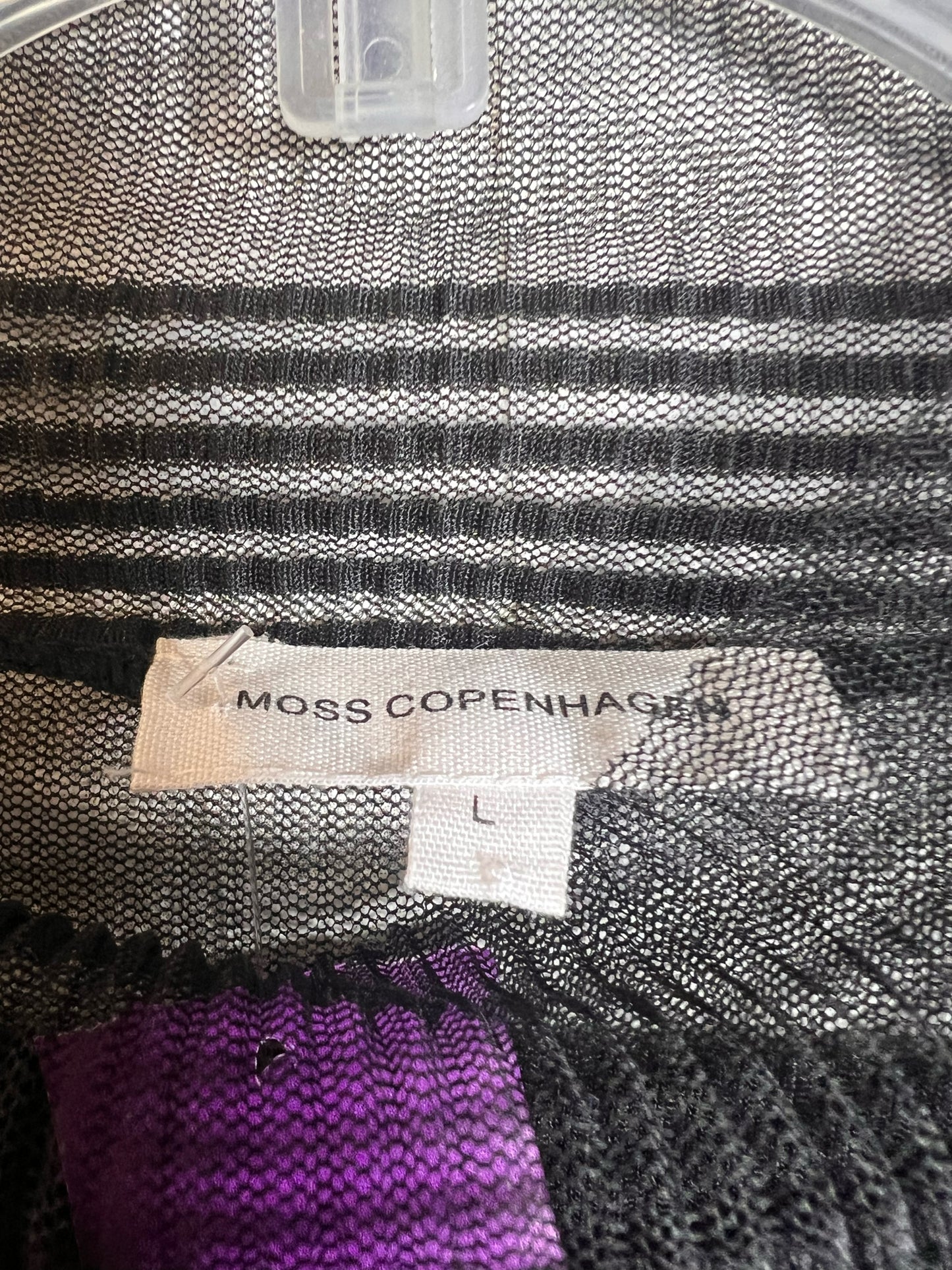 Size L Moss Copenhagen Striped Sheer Black Long Sleeved Top