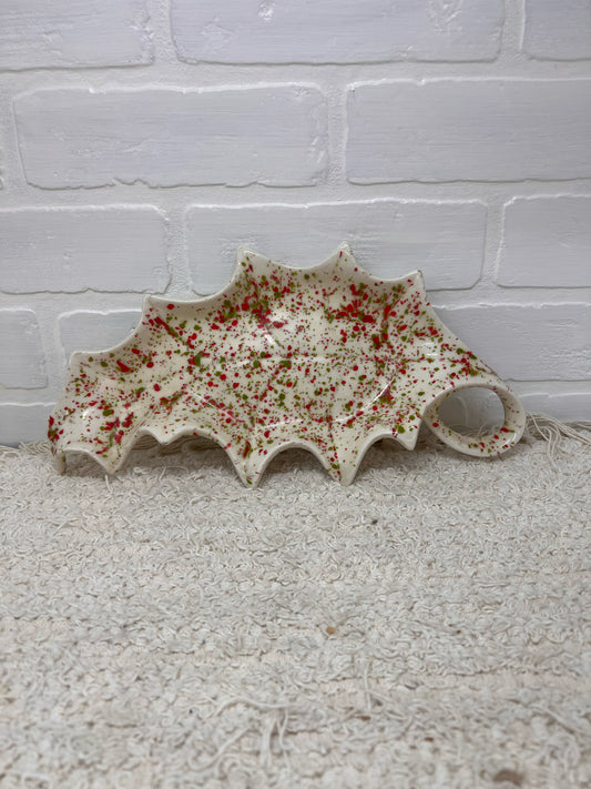 Vintage Ceramic Spatterware 1970's Holly Leaf Tray
