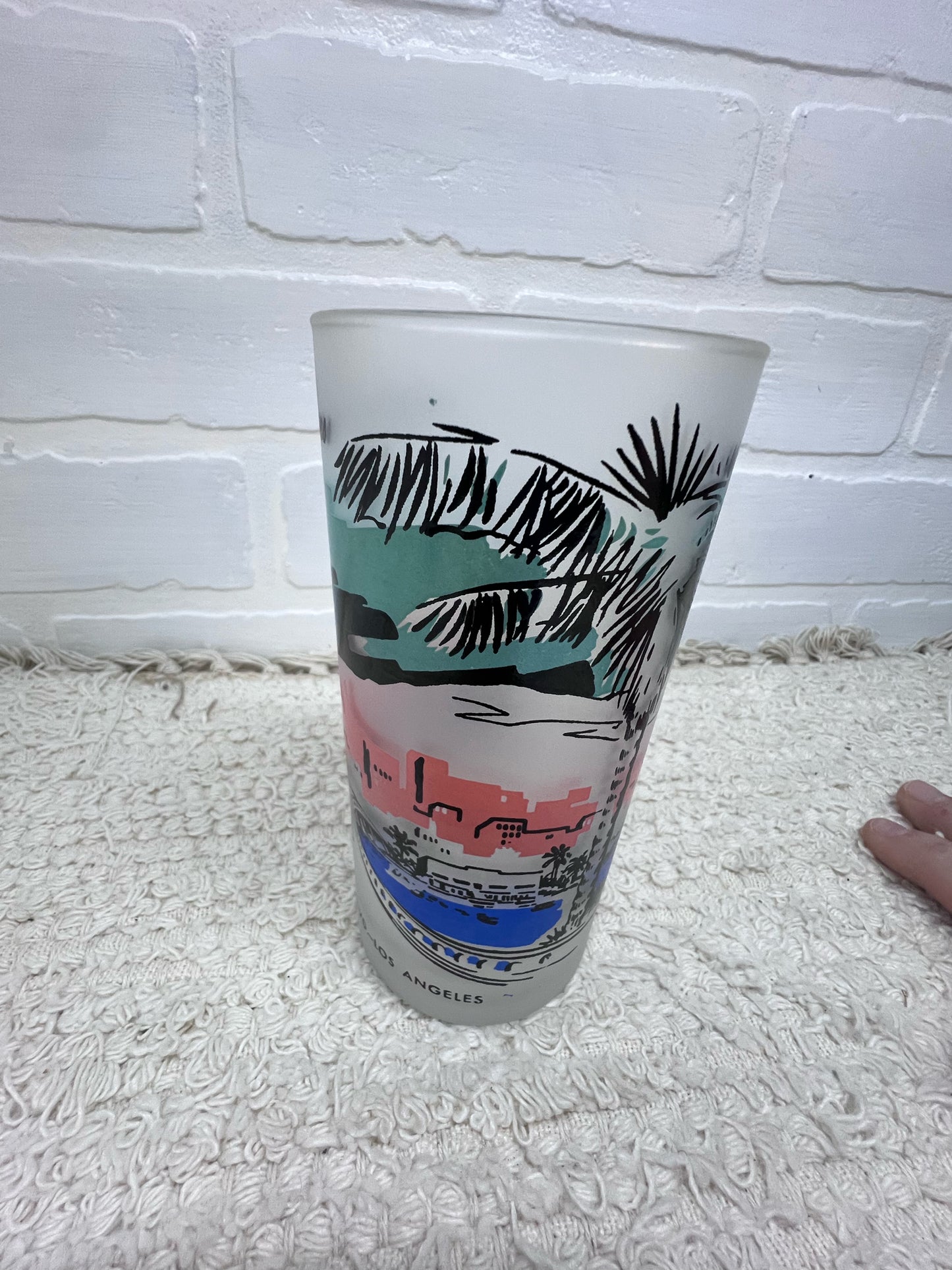 Vintage California Scenes Frosted Glasses Set of 8 Original Wire Carrier MCM Bar