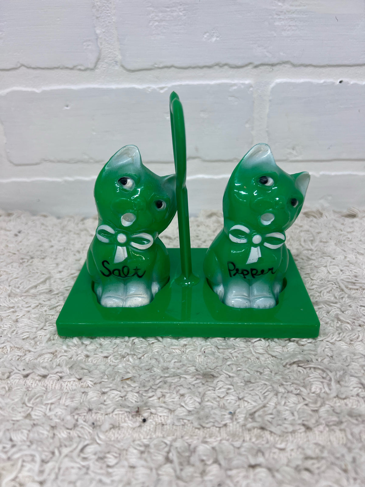 Green Plastic Kitty Vintage Salt & Pepper Shakers w/ Original Stand