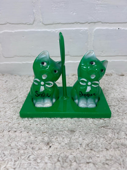 Green Plastic Kitty Vintage Salt & Pepper Shakers w/ Original Stand
