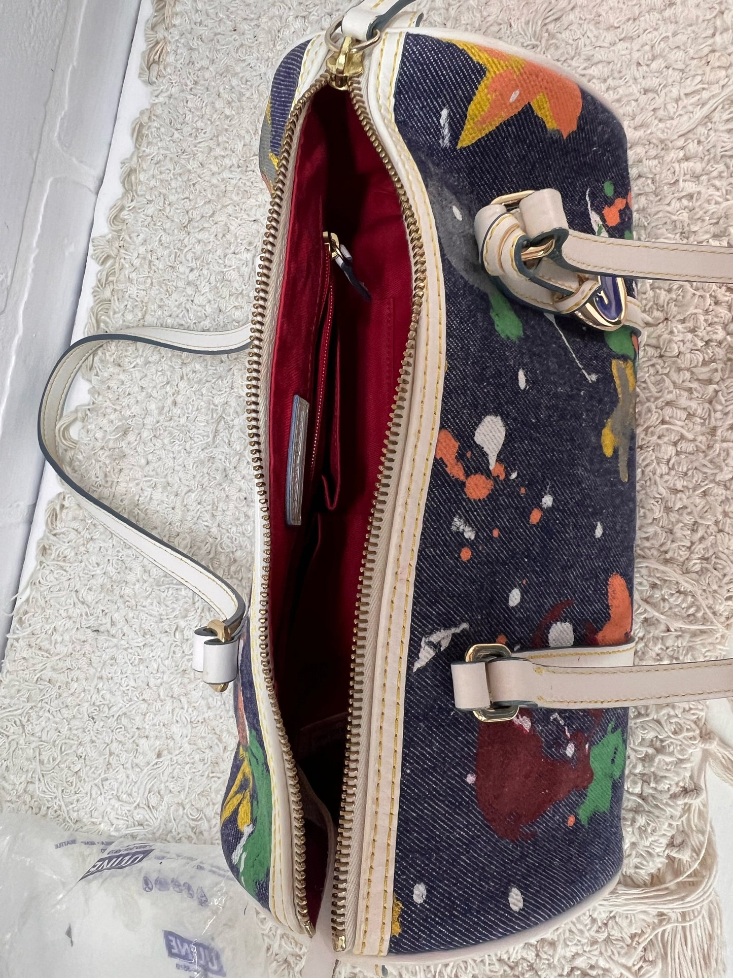 Dooney & Bourke Y2K Era Denim Paint Spatter Barrel Bag w/ Leather Trim