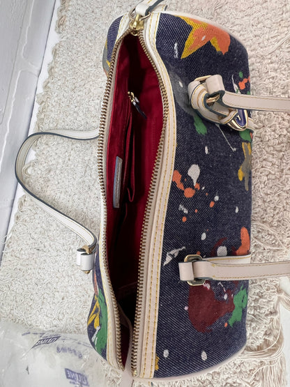 Dooney & Bourke Y2K Era Denim Paint Spatter Barrel Bag w/ Leather Trim