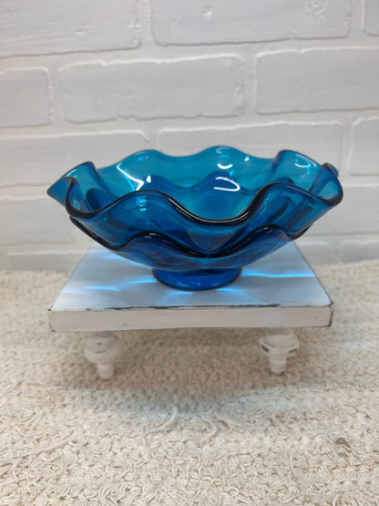Viking Glass MCM Double Ruffle Blue Blown Glass Bowl