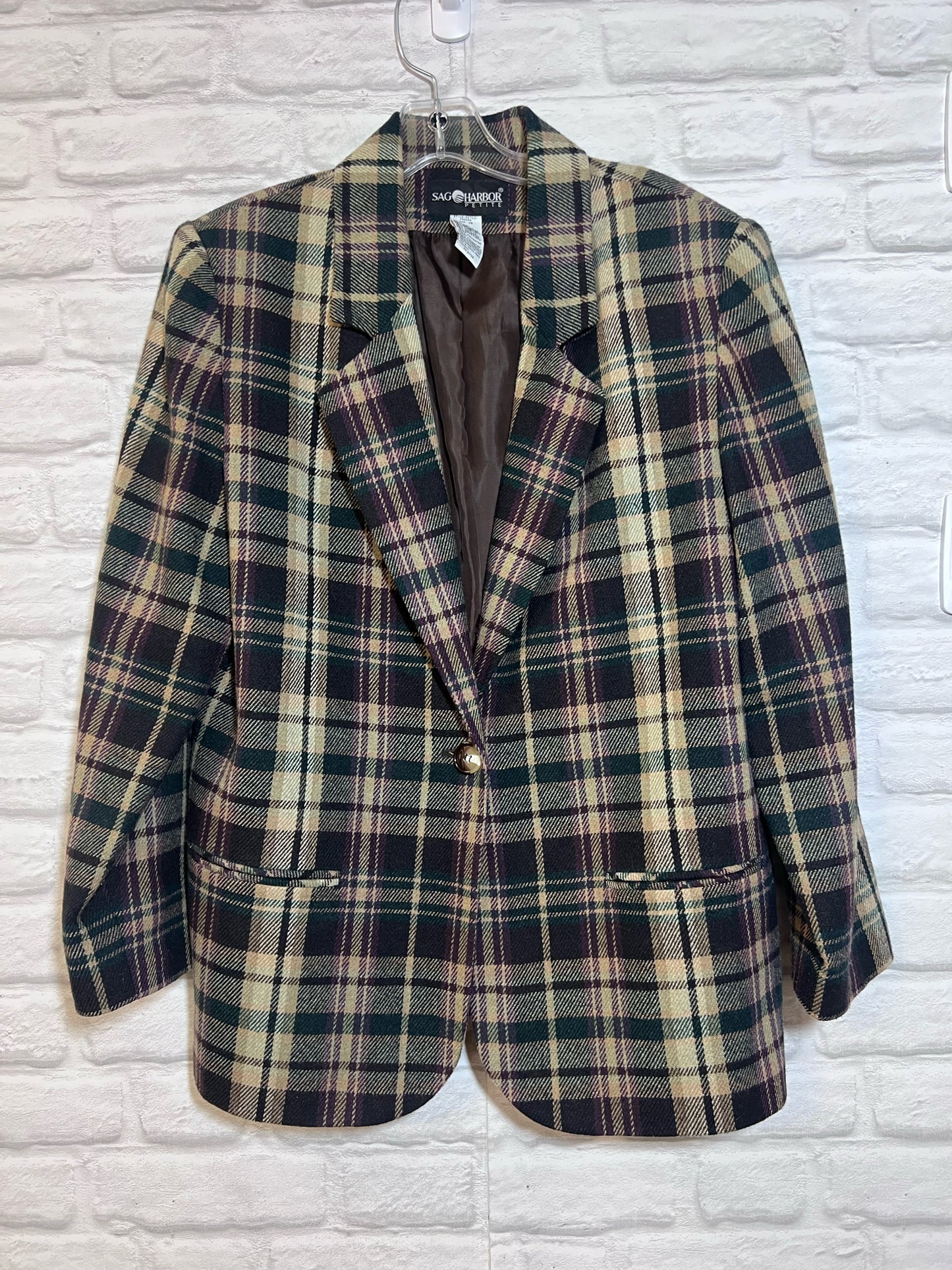 Size 14 P Sag Harbor Brown Muticolor Plaid Wool Blend Blazer
