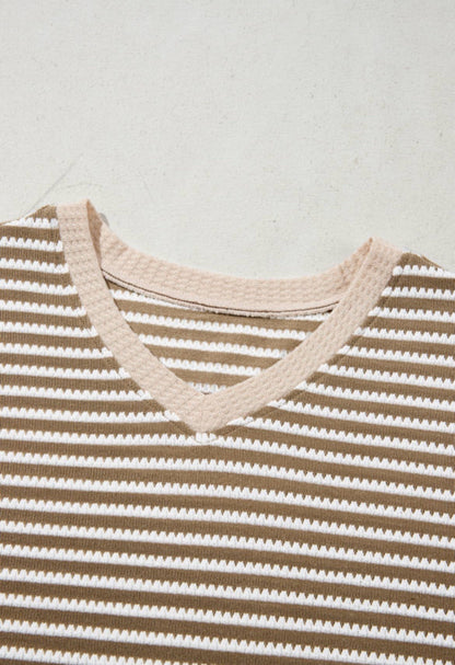 Khaki Stripe Textured Dolman Sleeve High Low Top Sizes 1X - 2X - 3X