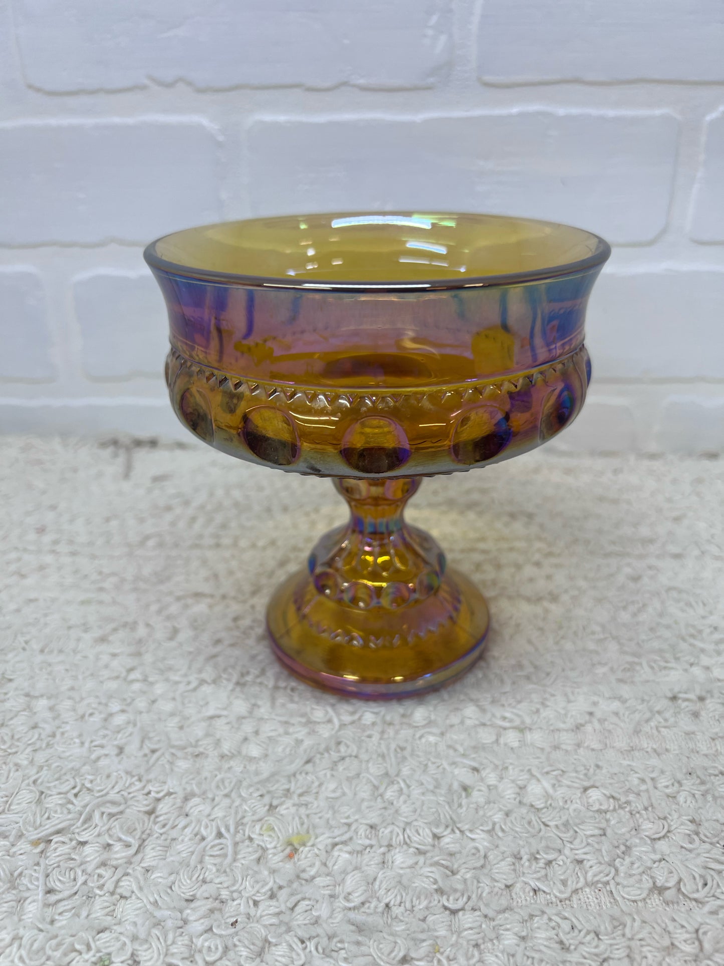 Indiana Glass Kings Crown Iridescent Carnival Glass Compote