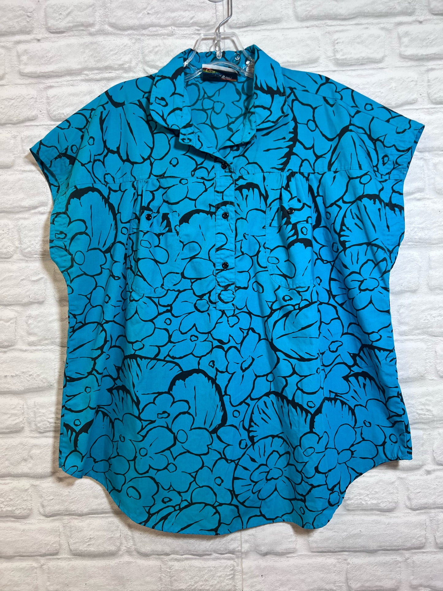 Size 40 Golden Wings Turquoise Floral Cotton Blouse - 1980s
