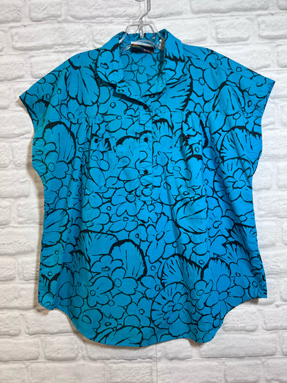 Size 40 Golden Wings Turquoise Floral Cotton Blouse - 1980s