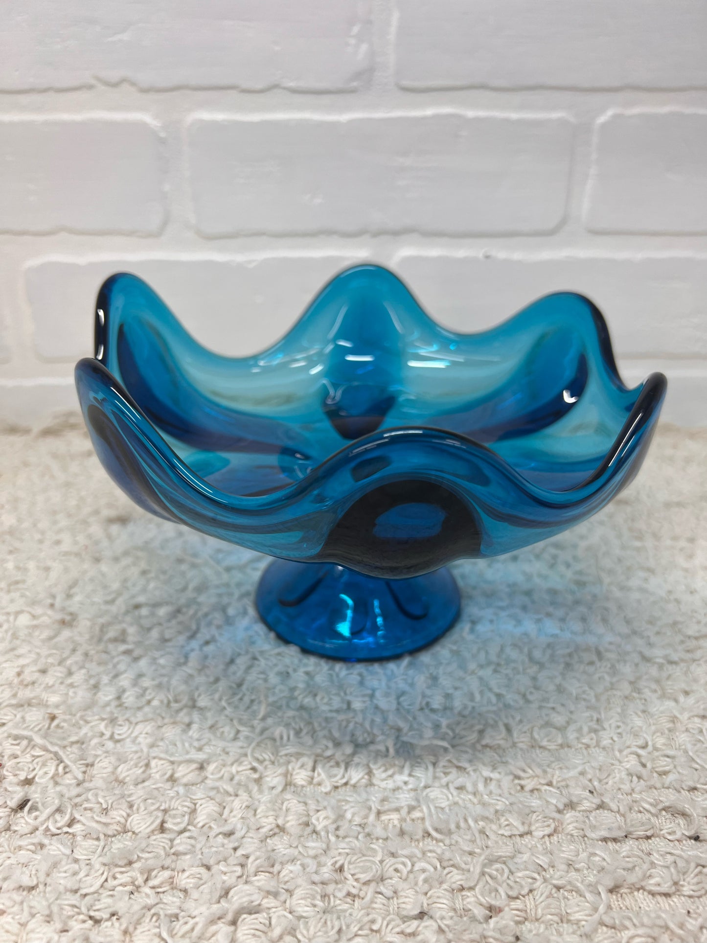 Viking Glass MCM Six Petal Blue Compote Pedastal Bowl
