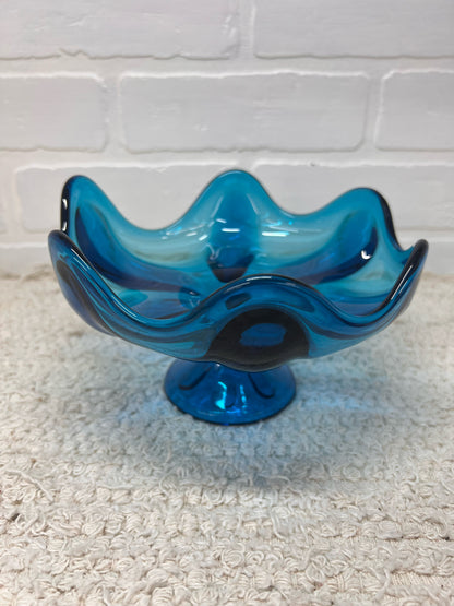 Viking Glass MCM Six Petal Blue Compote Pedastal Bowl