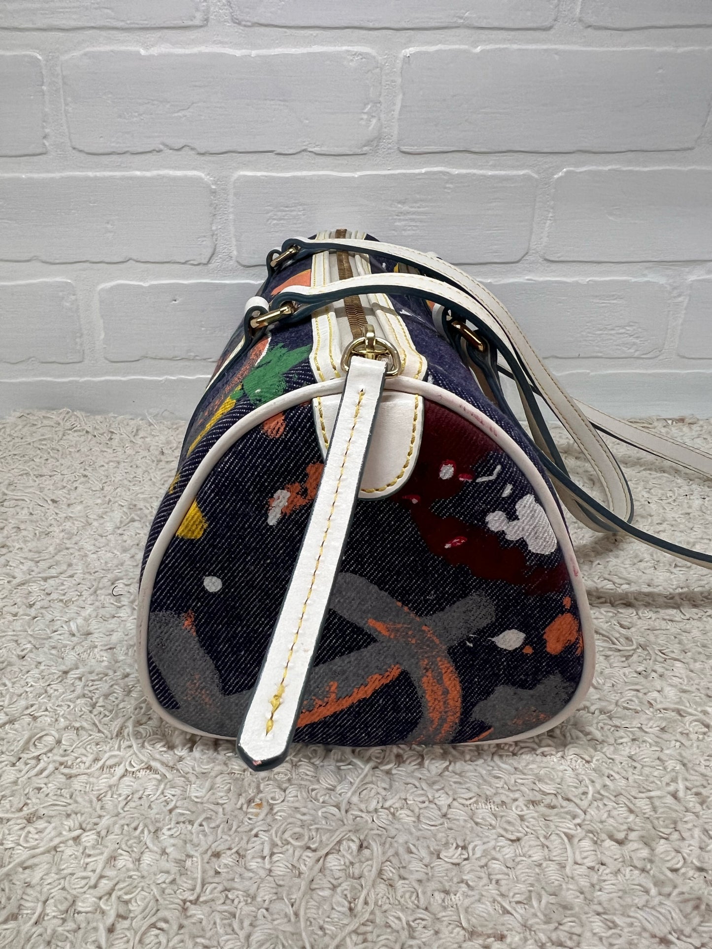 Dooney & Bourke Y2K Era Denim Paint Spatter Barrel Bag w/ Leather Trim