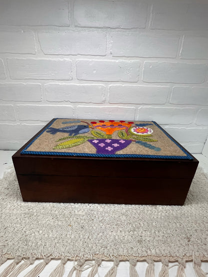 Vintage Custom Wood Sewing Box with Felt Top Bird/Floral Design