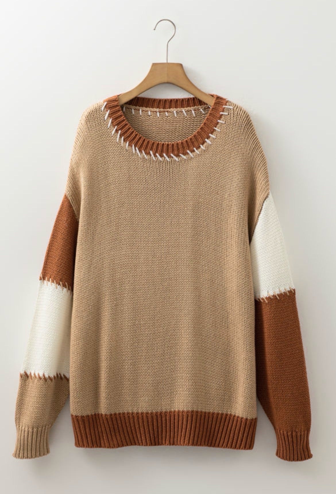Light French Beige Contrast Stitch Detail Color Block Knit Sweater