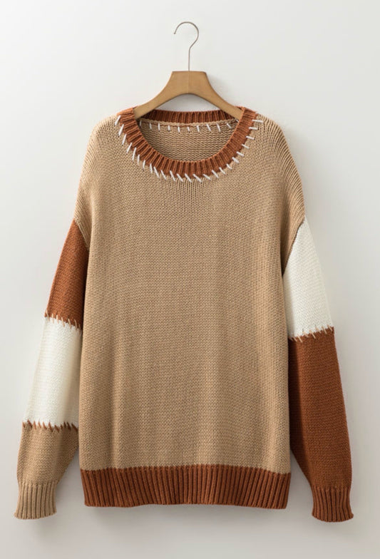 Light French Beige Contrast Stitch Detail Color Block Knit Sweater