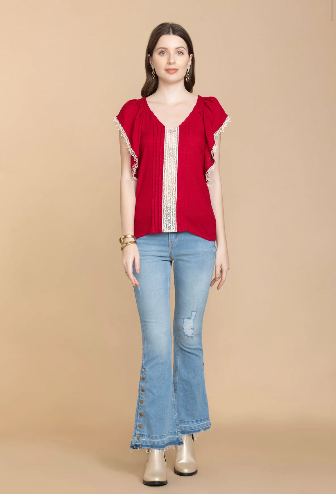 Bohera Shania Red Embroidered Lace Top