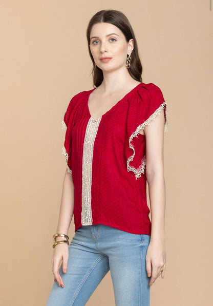 Bohera Shania Red Embroidered Lace Top