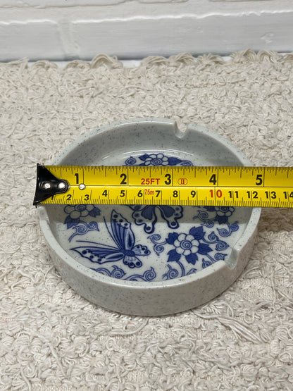 Vintage Cermic Ash Tray with Blue Butterfly Floral Design
