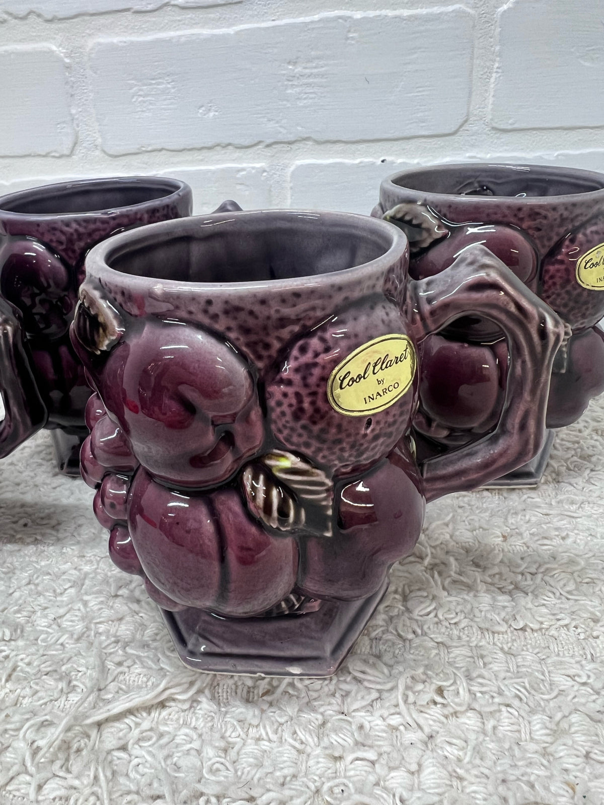 Inarco "Cool Claret" Plum Colored Ceramic Coffee Pot w/ 4 Mugs Circa 1960's