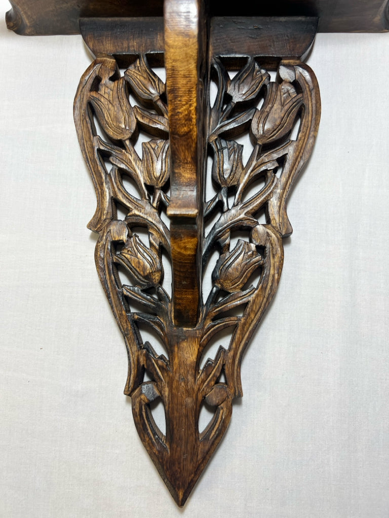 Hand carved wood shelf w/ tulip detail