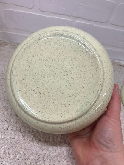 California Pottery MCM Mint Green Speckled Lidded Casserole Dish in Brass Caddy