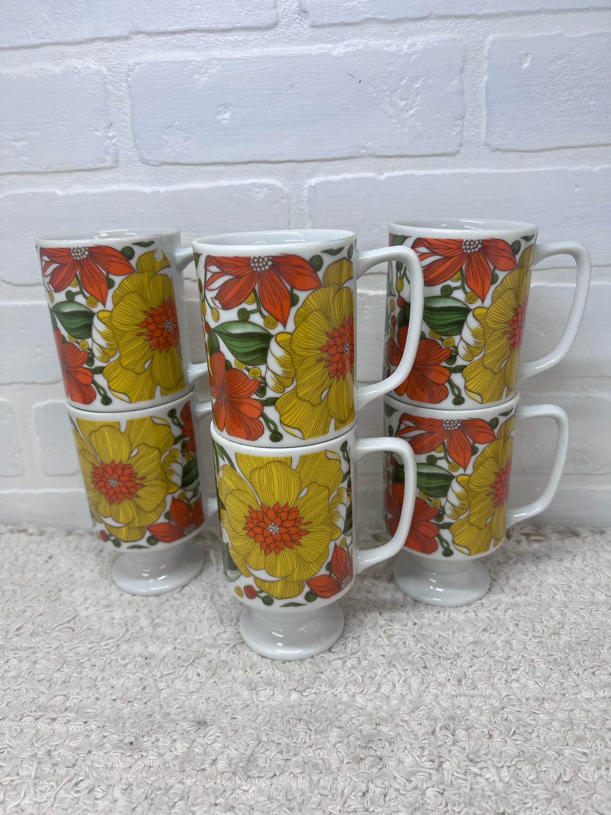 Set of 6 Circa 1970's Mod Flower Pedestal Mugs - Good Wood, Japan