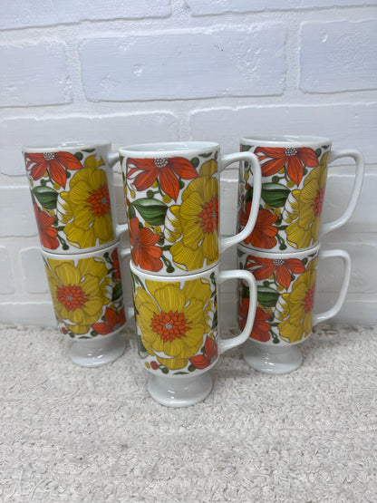 Set of 6 Circa 1970's Mod Flower Pedestal Mugs - Good Wood, Japan