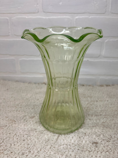 Vintage Uranium Glass Ruffle Top Vase 8"