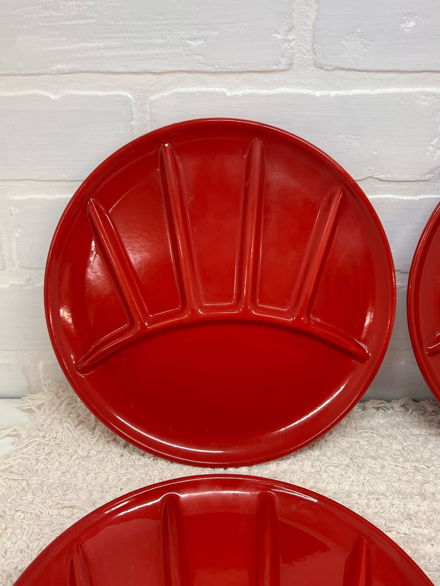 Set of 4 Vintage Red Enamelware Plates - Divided