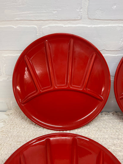 Set of 4 Vintage Red Enamelware Plates - Divided