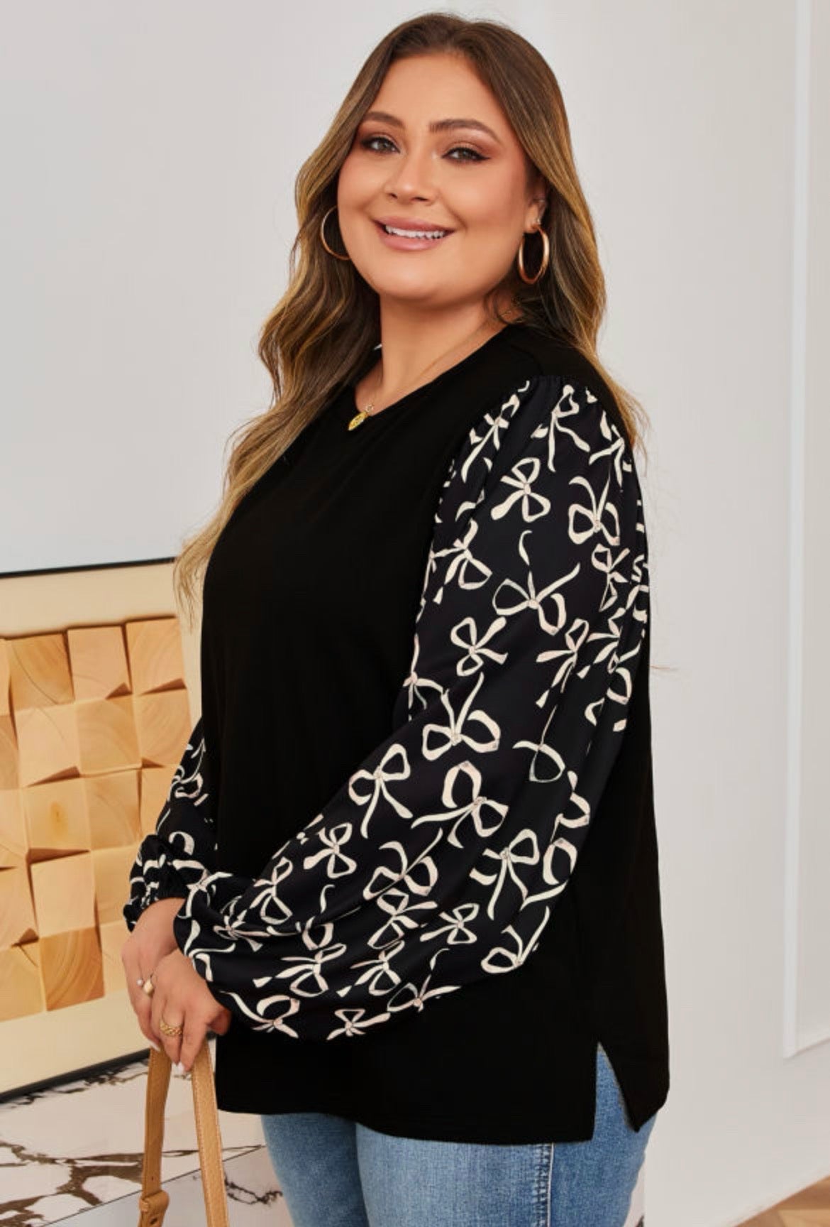 Black Bow Knot Patchework Crewneck Blouse 1X- 2X- 3X