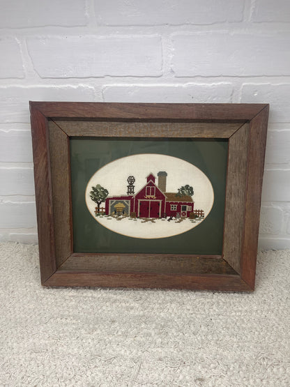 Vintage Framed Cross Stitch Barn in Barnwood Frame