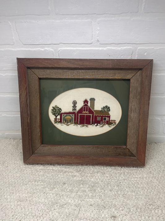 Vintage Framed Cross Stitch Barn in Barnwood Frame