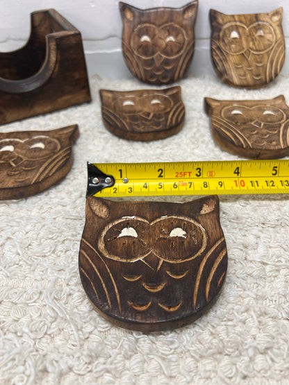 Vintage Wood Owl Coaster Set - Made in India - 6 coasters in box