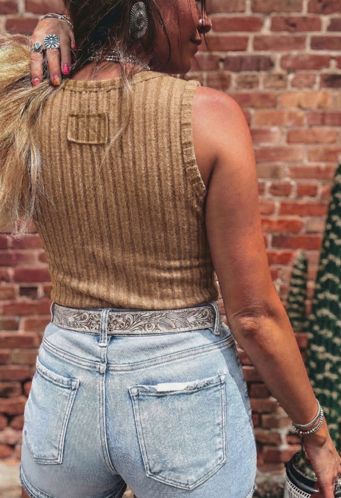 Slim Ribbed Mineral Wash Tank Top - Camel or Bonbon