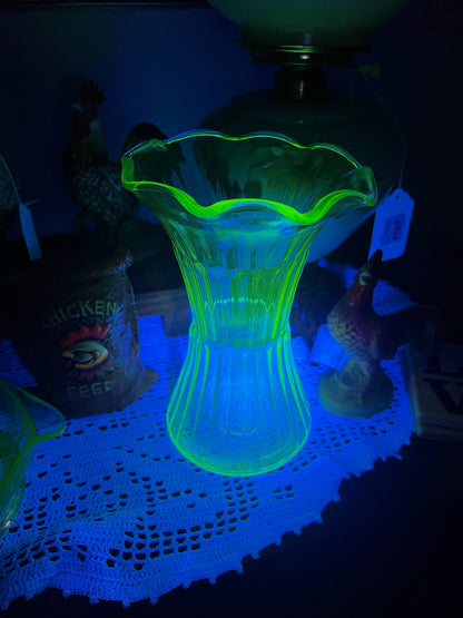 Vintage Uranium Glass Ruffle Top Vase 8"