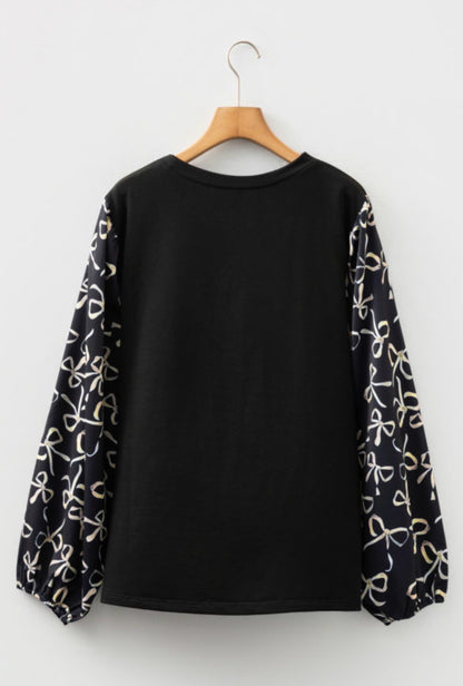 Black Bow Knot Patchework Crewneck Blouse 1X- 2X- 3X