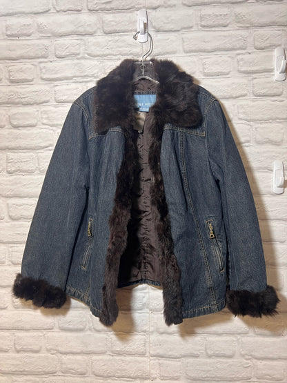Size L Nine West Rabbit Fur Trimmed Denim Jacket w/ Quilted Lining