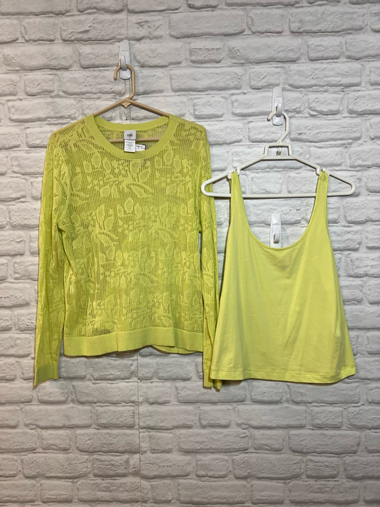 Size M CAbi Tank & Mesh Lace Long Sleeved Top in Neon Green