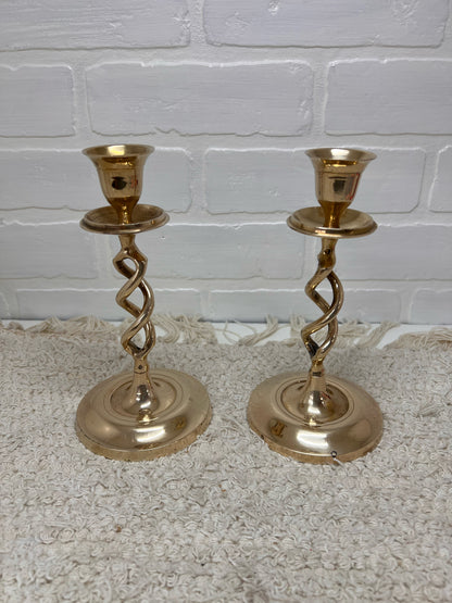 Pair of Vintage Twisted Brass Candlesticks