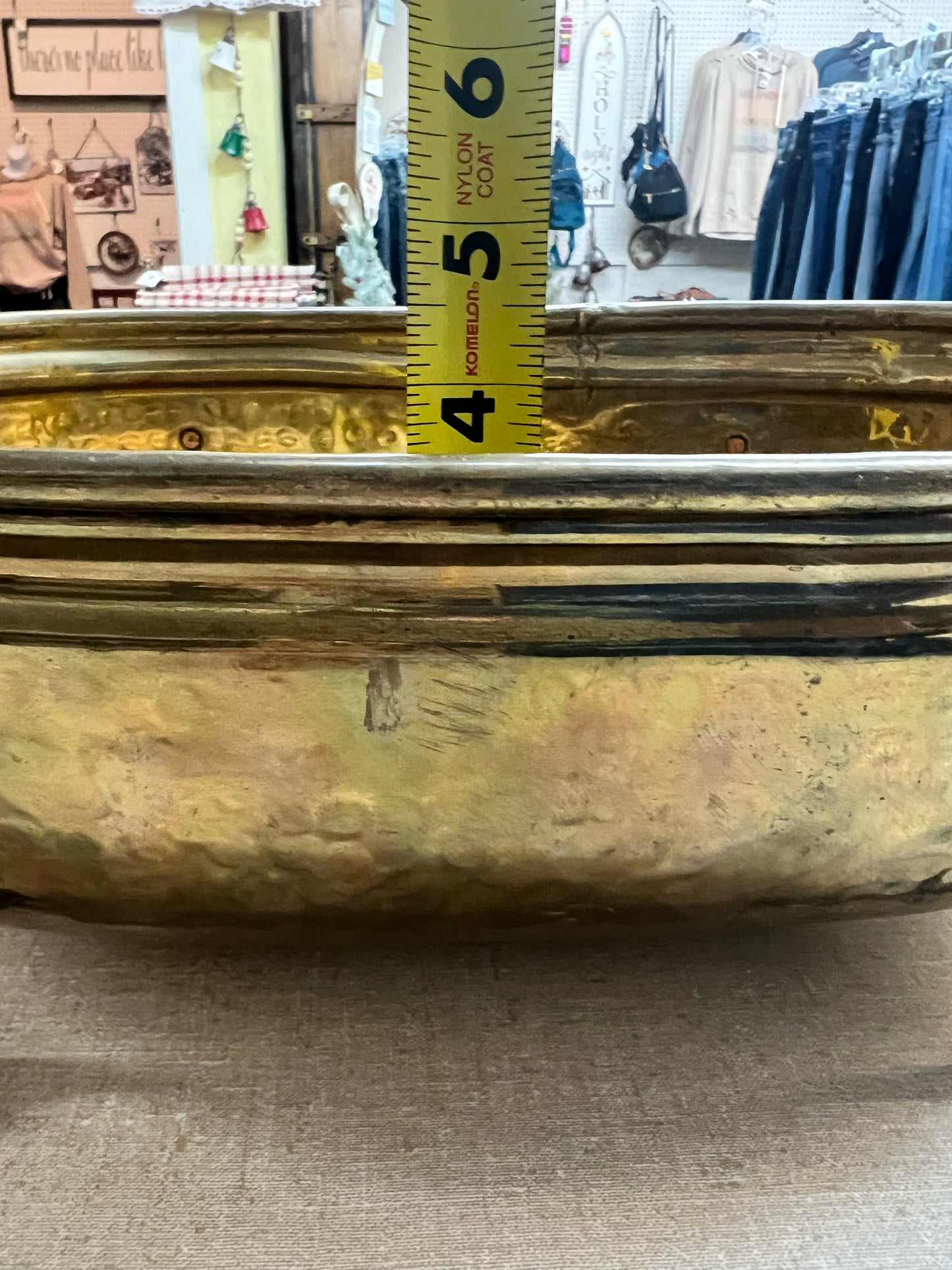 Footed hammered brass shallow oval planter