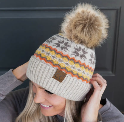 Cozy CC Fair Isle Pom Beanie | Winter Knit Hat in Neutral Tones