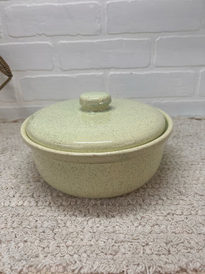 California Pottery MCM Mint Green Speckled Lidded Casserole Dish in Brass Caddy