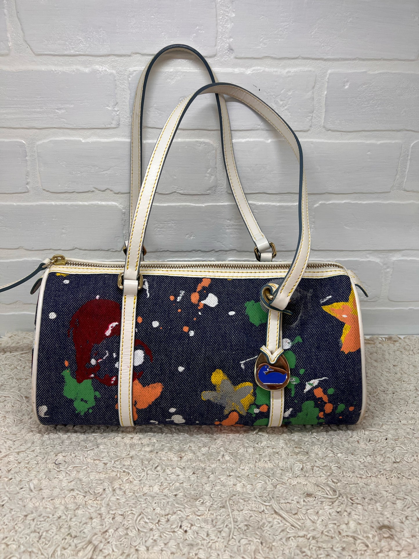 Dooney & Bourke Y2K Era Denim Paint Spatter Barrel Bag w/ Leather Trim