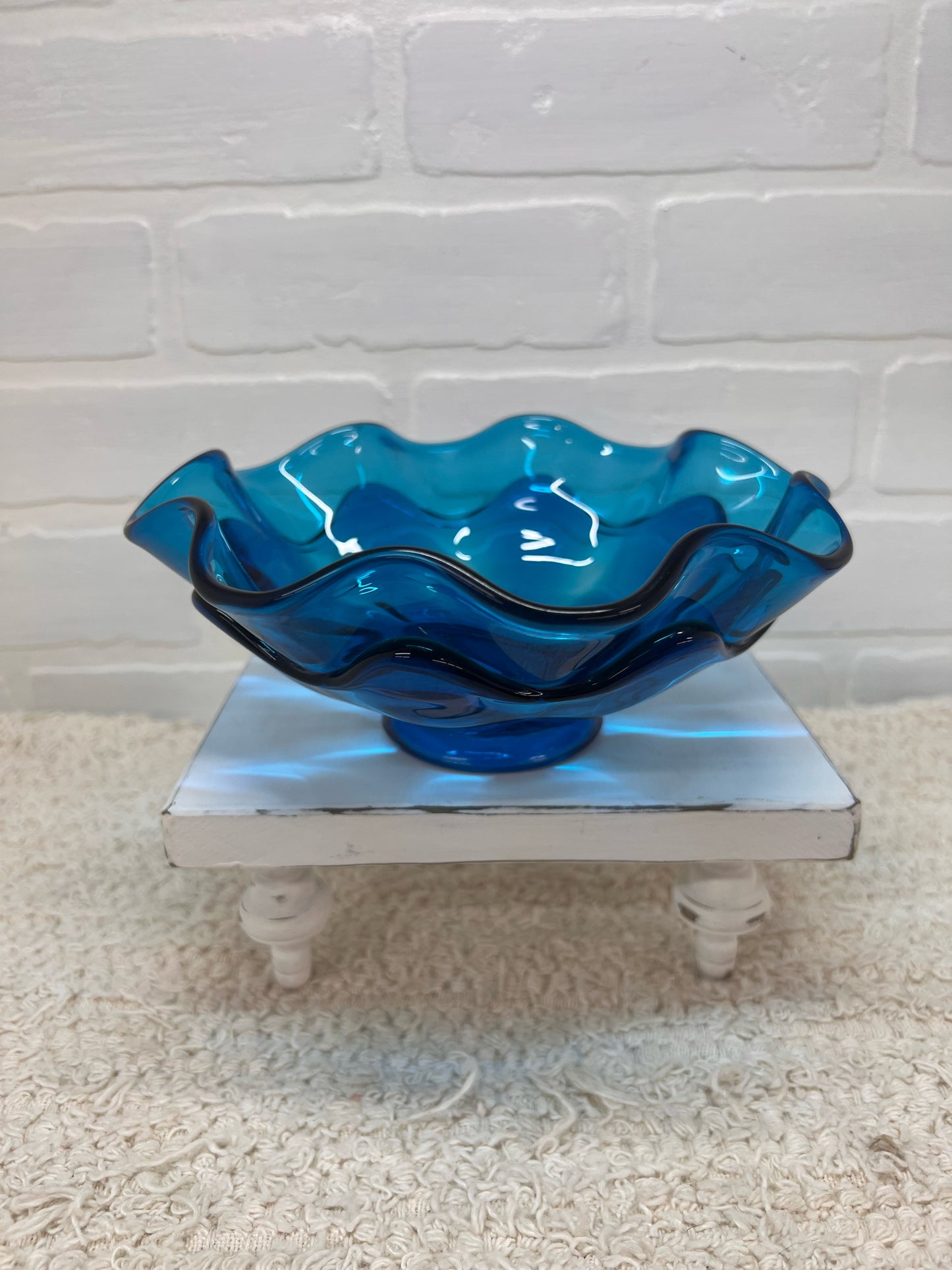 Viking Glass MCM Double Ruffle Blue Blown Glass Bowl