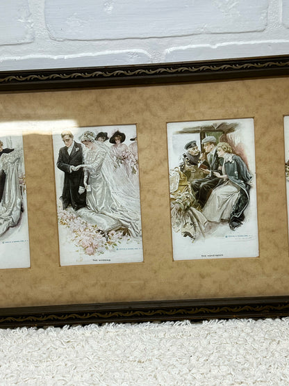 Framed vintage 'Six Stages of Love' postcard series