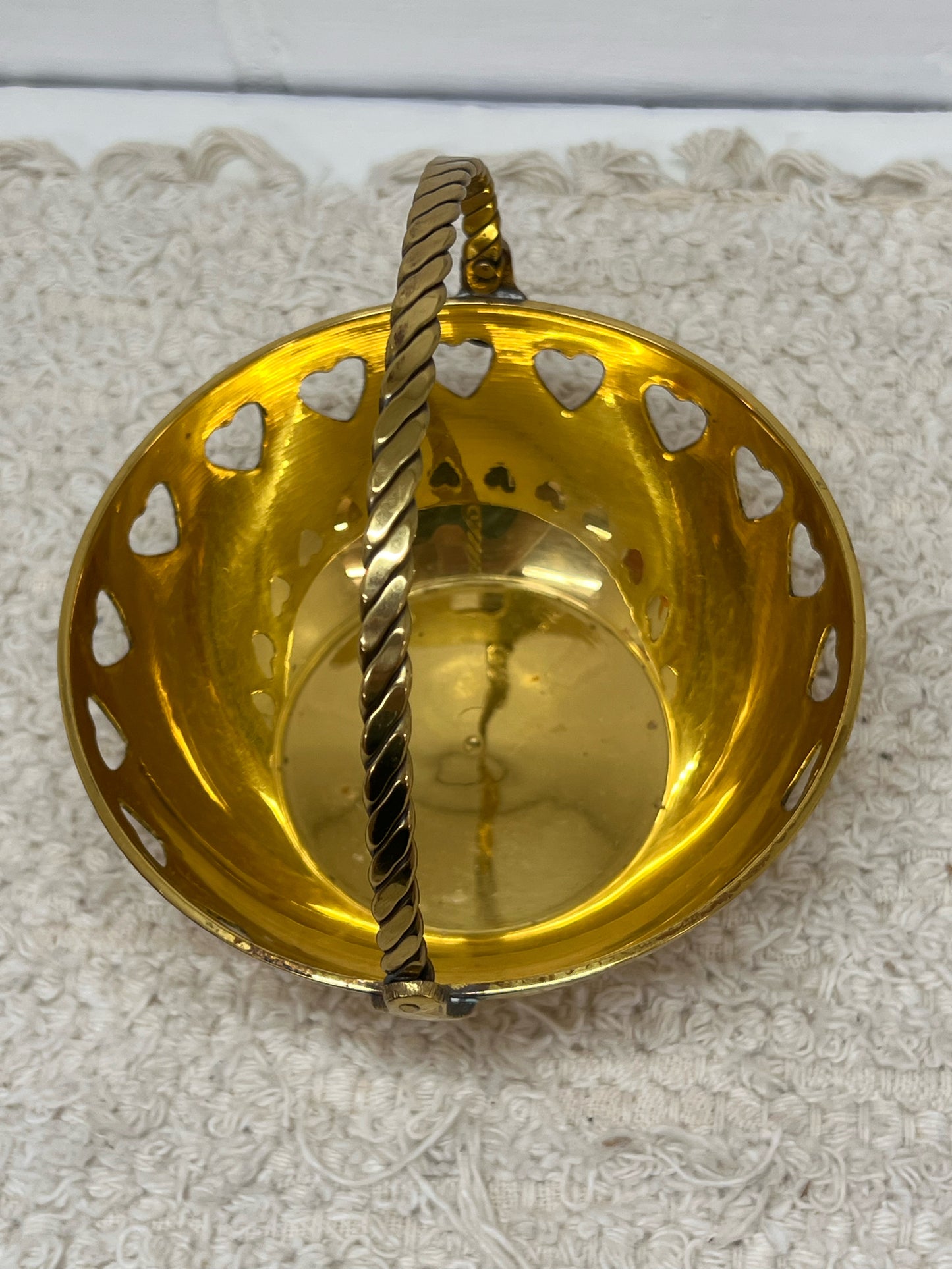 Vintage Brass Basket Bowl w/ Heart Cutouts