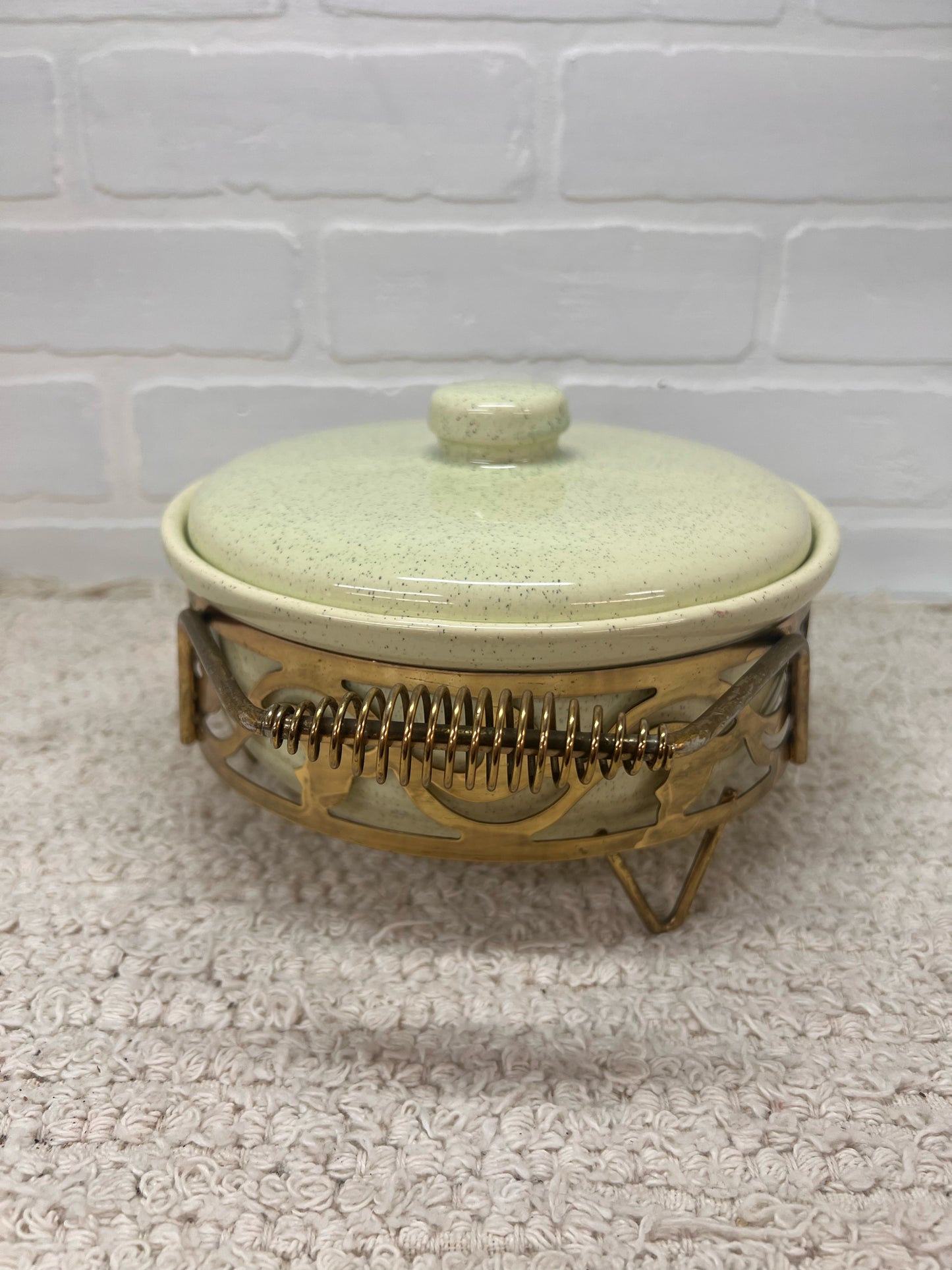 California Pottery MCM Mint Green Speckled Lidded Casserole Dish in Brass Caddy