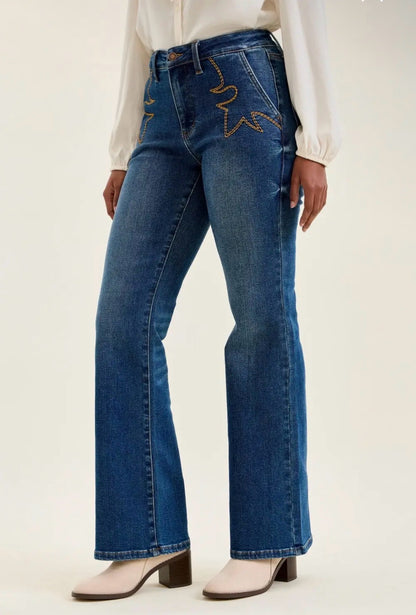 Judy Blue Daisy Bootcut Jeans in Saddle Blue w/ Cowboy Boot Stitching